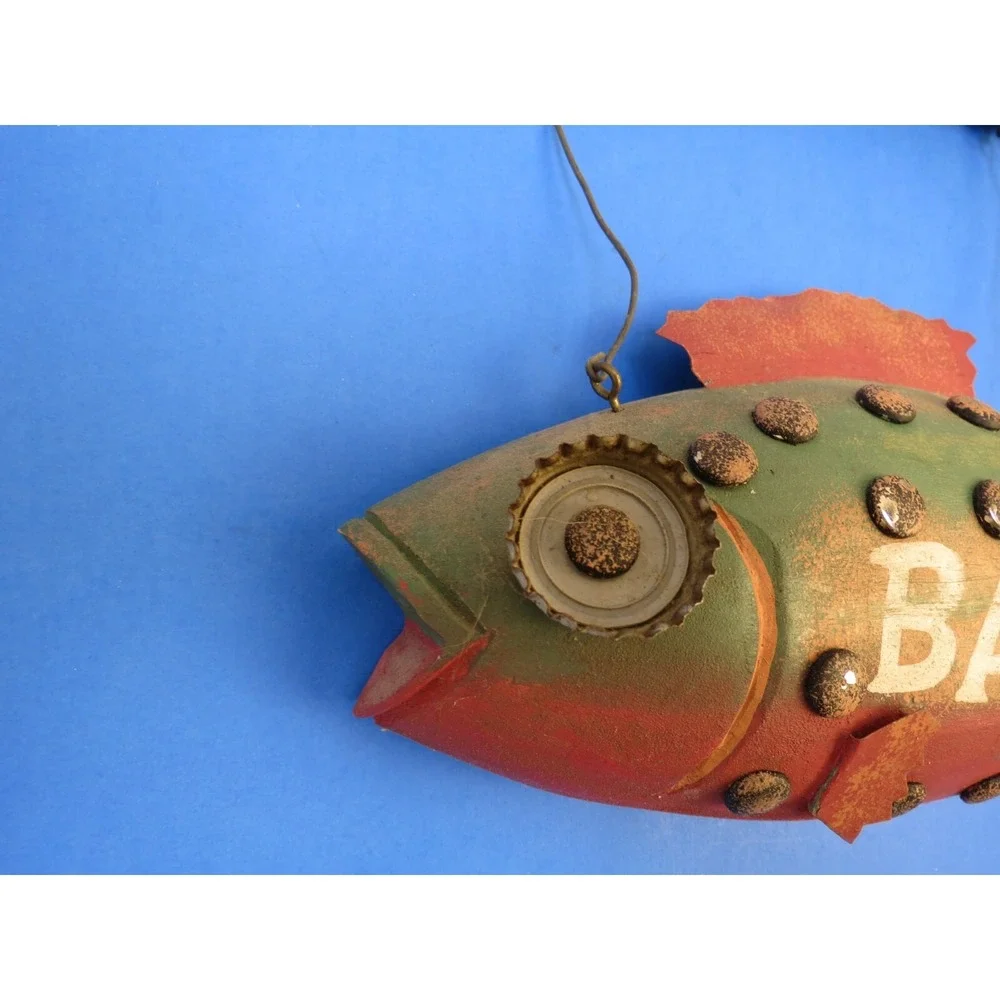 Vintage Hanging Wood Fish Bait Sign Beer Bottle Cap Folk Art